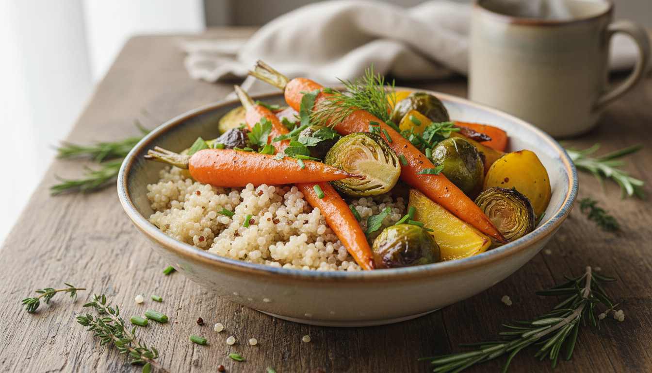 découvrez ce bol de mars aux légumes rôtis et quinoa, alliant fraîcheur printanière et réconfort hivernal pour un dîner sain et savoureux.