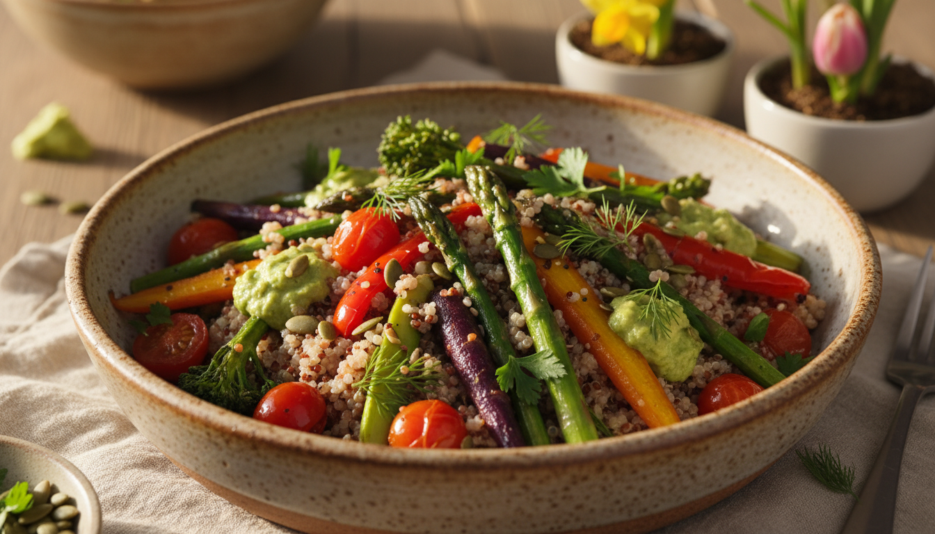 découvrez ce bol de mars aux légumes rôtis et quinoa, alliant la chaleur réconfortante d'un dîner hivernal aux saveurs fraîches et légères du printemps pour un repas équilibré et savoureux.