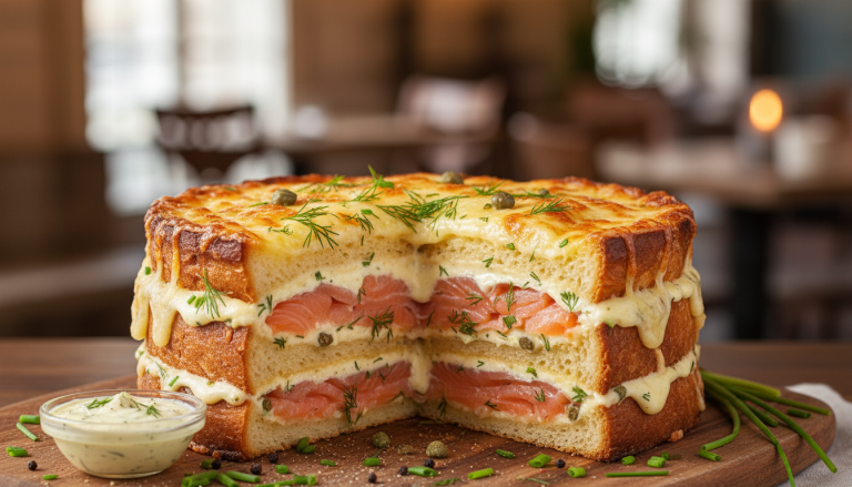 découvrez notre recette de croque-cake au saumon fumé, où le pain de mie renferme un cœur fondant et savoureux, parfait pour un repas gourmand et facile à préparer.