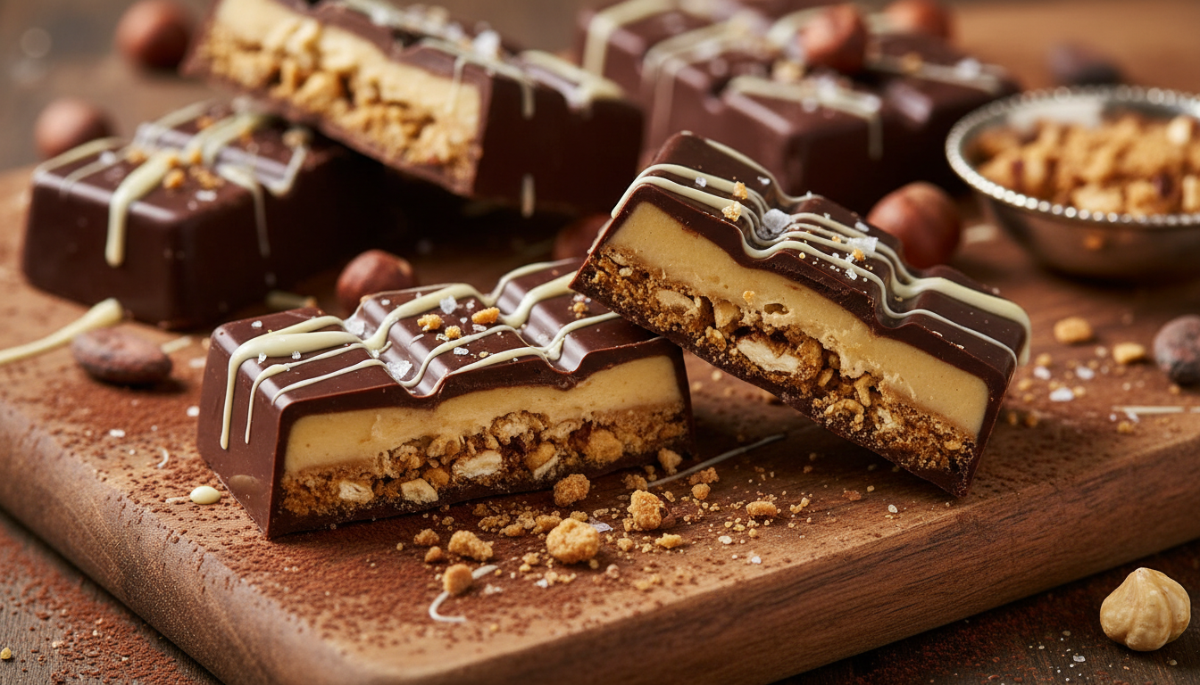 savourez des barres chocolatées maison au cœur lacté et croustillant, une délicieuse alternative aux barres du supermarché, simples à préparer et irrésistiblement gourmandes.
