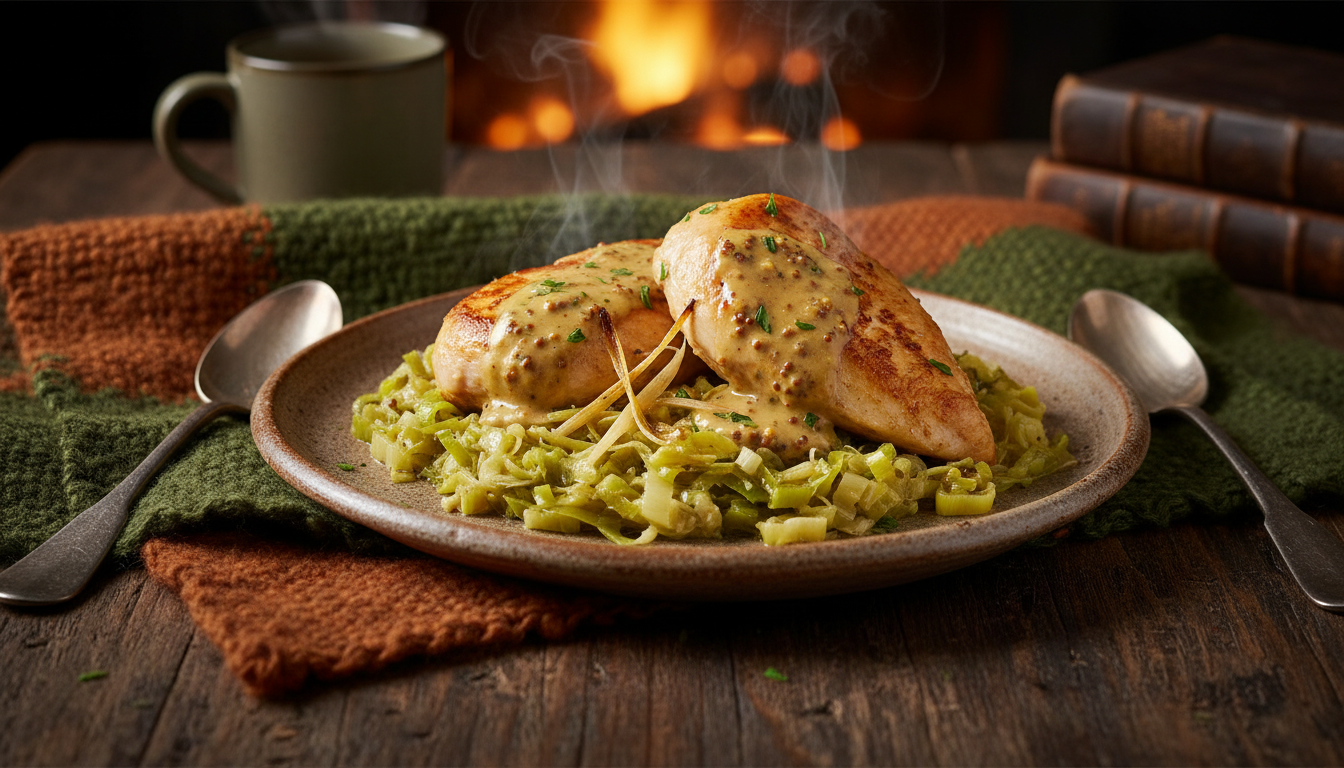 savourez un délicieux poulet à la moutarde accompagné d'une fondue de poireaux fondante, le plat réconfortant parfait pour réchauffer vos soirées d'hiver.