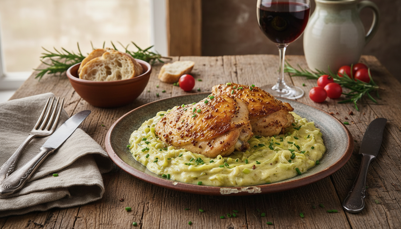 savourez notre poulet à la moutarde servi avec une fondue de poireaux fondante, un plat chaleureux et réconfortant parfait pour les soirées d'hiver.