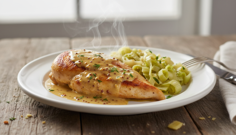 savourez un poulet à la moutarde tendre accompagné d'une fondue de poireaux fondante, le plat réconfort parfait pour réchauffer vos soirées d'hiver.