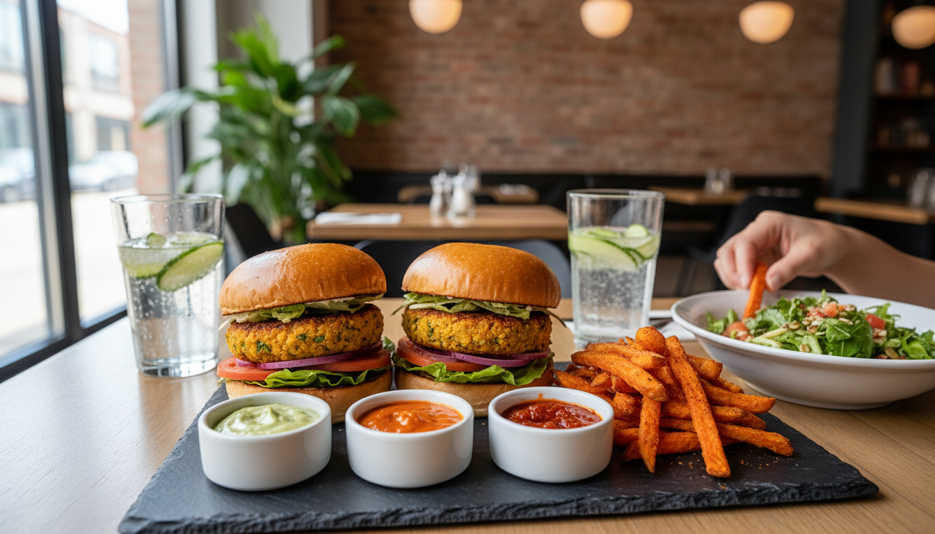 découvrez notre délice végétarien : un burger savoureux aux galettes de pois chiches croustillantes et fromage frais onctueux, parfait pour un repas sain et gourmand.
