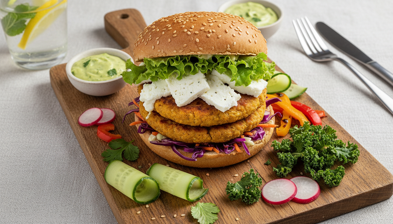 savourez un burger végétarien gourmand avec des galettes de pois chiches croustillantes et un fromage frais onctueux, parfait pour un repas sain et délicieux.