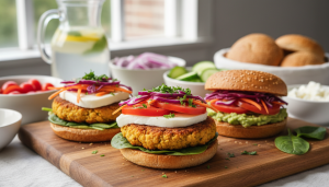 découvrez notre recette savoureuse de burger végétarien aux galettes de pois chiches croustillantes et fromage frais onctueux, un délice sain et gourmand pour toutes vos envies.