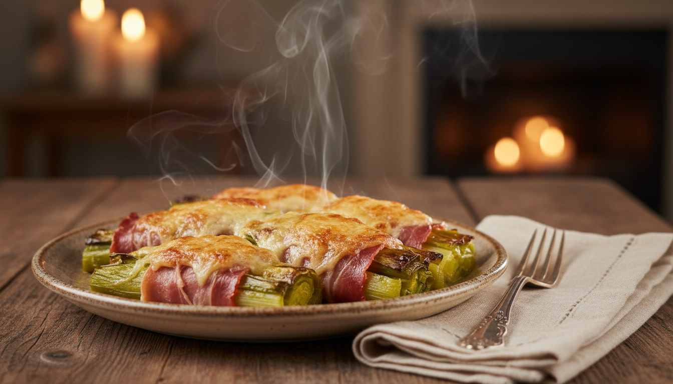 savourez nos poireaux gratinés au jambon serrano et comté, une recette réconfortante et gourmande parfaite pour des soirées d'hiver chaleureuses.