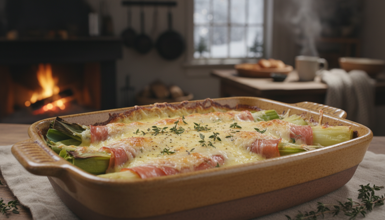 savourez nos poireaux gratinés au jambon serrano et comté, un plat réconfortant et gourmand parfait pour des soirées d'hiver chaleureuses en famille ou entre amis.