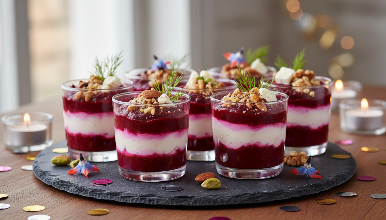 découvrez notre recette savoureuse de délice en verrine alliant la douceur fondante de la betterave au crémeux du fromage frais, parfaite pour une entrée fraîche et gourmande.