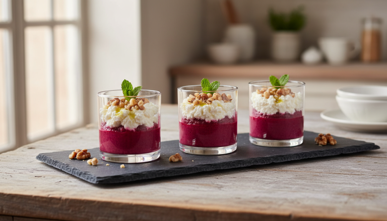 découvrez une recette savoureuse de délice en verrine avec betterave fondante et fromage frais, parfaite pour une entrée fraîche et gourmande.