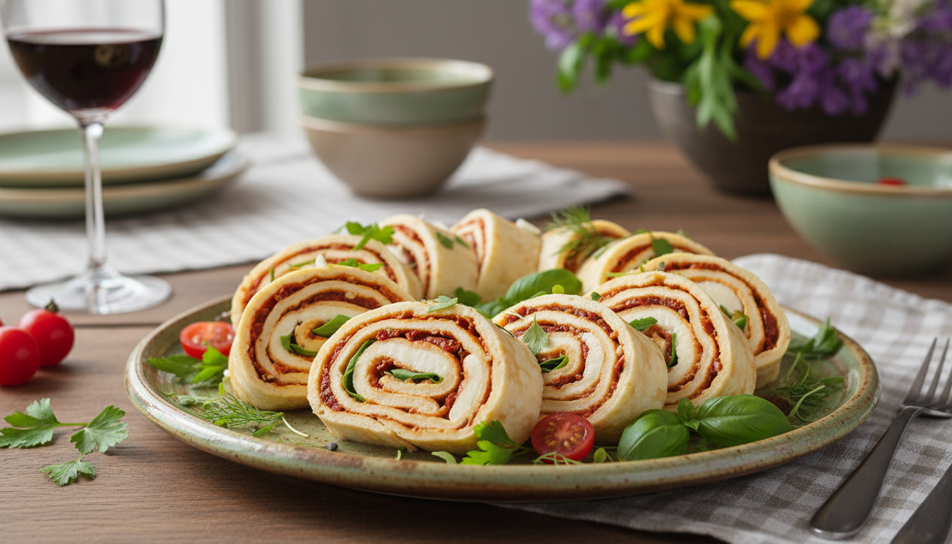 découvrez notre recette facile et gourmande de délice enroulé, un gâteau léger composé de crêpes savoureuses garnies de tomates et de fromage, parfait pour un repas original et délicieux.