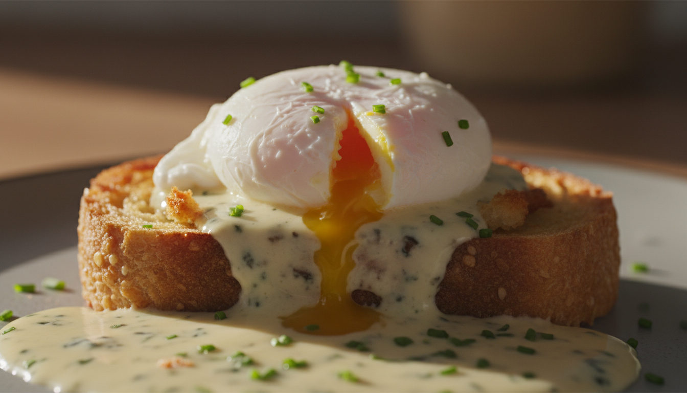 savourez un délice gourmand avec un œuf poché parfait sur un toast croustillant, sublimé par une crème onctueuse au bleu pour un mariage de saveurs exquis.