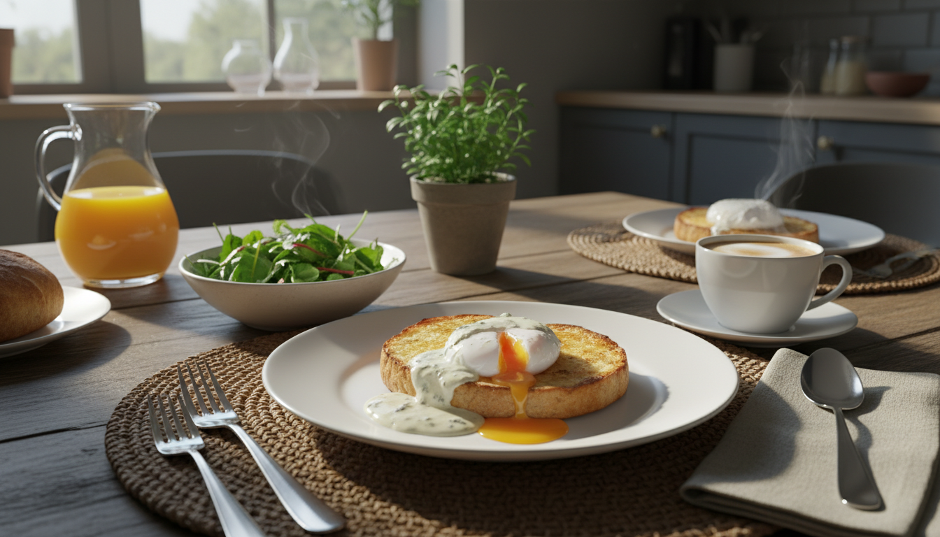savourez un délice gourmand avec un œuf poché parfaitement cuit sur un toast croustillant, nappé d'une onctueuse crème au bleu, pour une expérience raffinée et savoureuse.