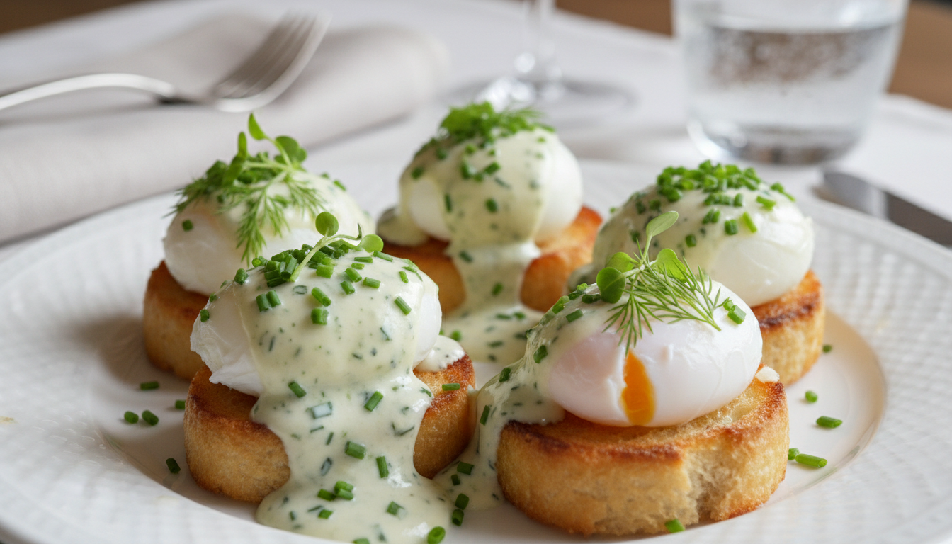 savourez un délice gourmand avec un œuf poché posé sur un toast croustillant, nappé d'une onctueuse crème au bleu pour une expérience riche en saveurs.