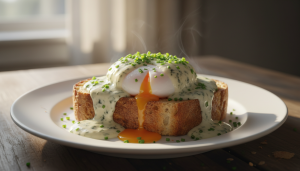 savourez un délice gourmand avec notre œuf poché parfaitement cuit, posé sur un toast croustillant et généreusement nappé d'une onctueuse crème au bleu, pour une expérience gustative raffinée.