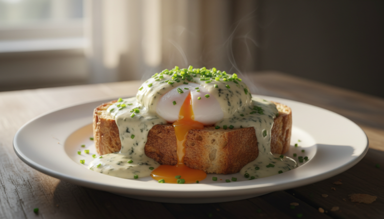 savourez un délice gourmand avec notre œuf poché parfaitement cuit, posé sur un toast croustillant et généreusement nappé d'une onctueuse crème au bleu, pour une expérience gustative raffinée.