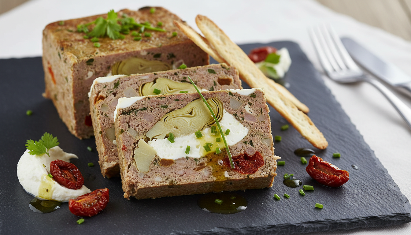 savourez notre terrine d’artichaut au fromage frais, agrémentée d’éclats de tomate séchée, pour un délice gourmand alliant fraîcheur et saveurs méditerranéennes.