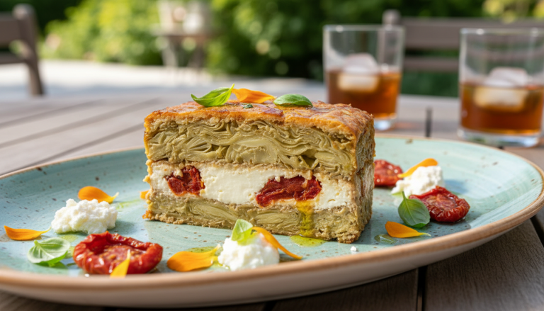 découvrez la terrine d’artichaut au fromage frais, relevée par des éclats de tomate séchée, un délice gourmand parfait pour vos apéritifs et repas élégants.