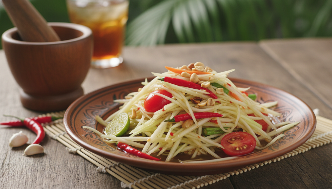 découvrez la fraîcheur et la légèreté de la salade de papaye verte traditionnelle du laos, un délice exotique aux saveurs acidulées et croquantes, parfait pour une recette saine et gourmande.