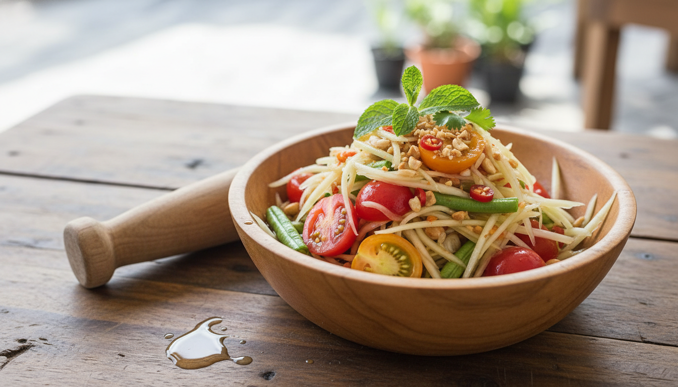 découvrez la fraîcheur et la légèreté de la salade de papaye verte, un délice traditionnel venu tout droit du laos, parfait pour vos repas estivaux.