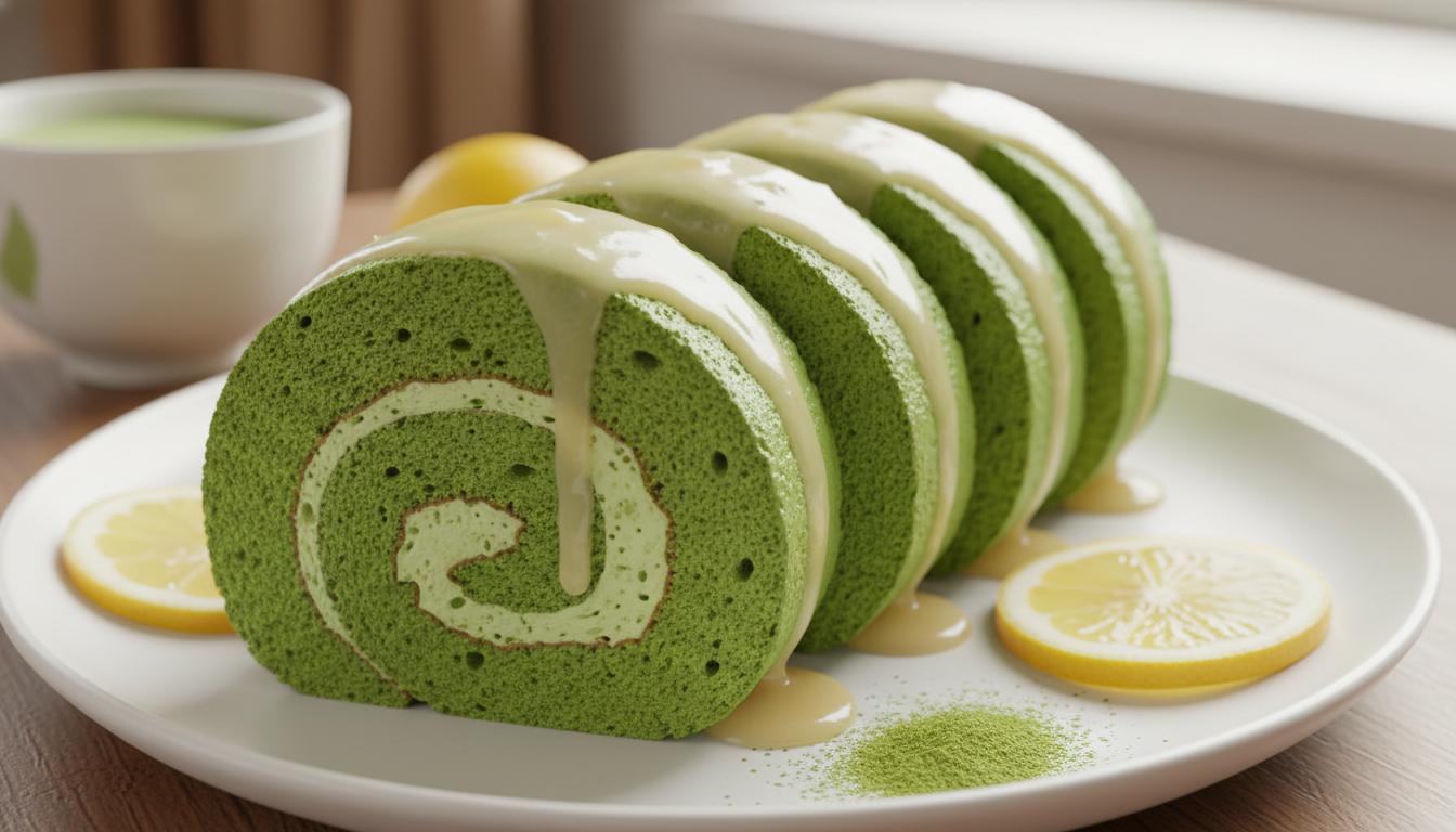 savourez notre délice roulé au thé matcha, délicatement nappé d'une crème citronnée légère, pour une gourmandise raffinée et pleine de fraîcheur.