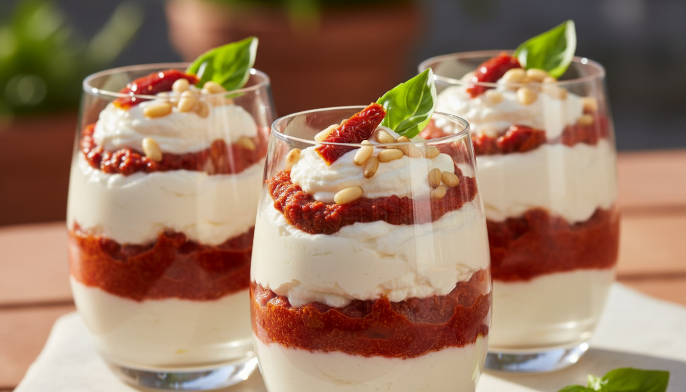 découvrez notre recette savoureuse de délices en verrines, alliant fromages de chèvre frais et saveurs provençales pour un apéritif original et gourmand.