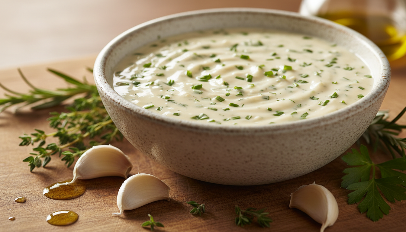 découvrez notre délicieuse sauce onctueuse à l'ail et aux fines herbes, l'accompagnement parfait pour rehausser la saveur de tous vos plats.
