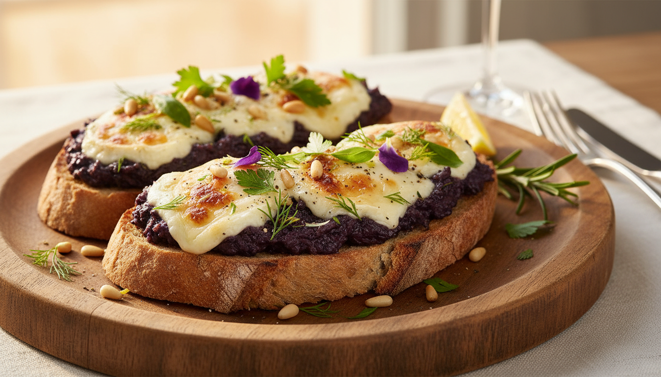 savourez une délicieuse tartine gourmande garnie de caviar d’aubergine maison et de fromage fondant, parfaite pour un apéritif raffiné et convivial.