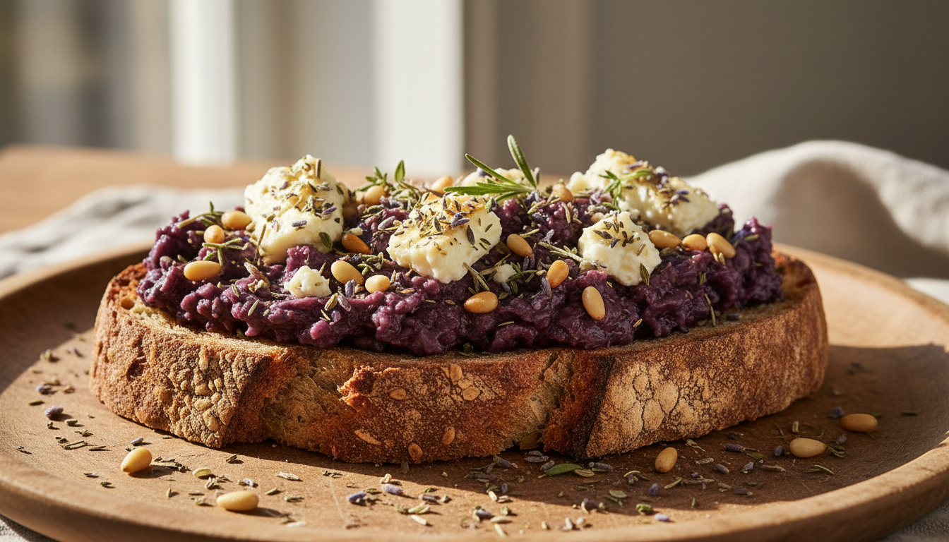 savourez une délicieuse tartine gourmande alliant caviar d’aubergine onctueux et fromage fondant pour un repas simple et raffiné.