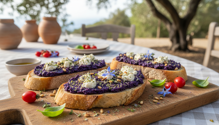 savourez une délicieuse tartine gourmande garnie de caviar d’aubergine onctueux et de fromage fondant, parfaite pour un apéritif ou un repas léger.