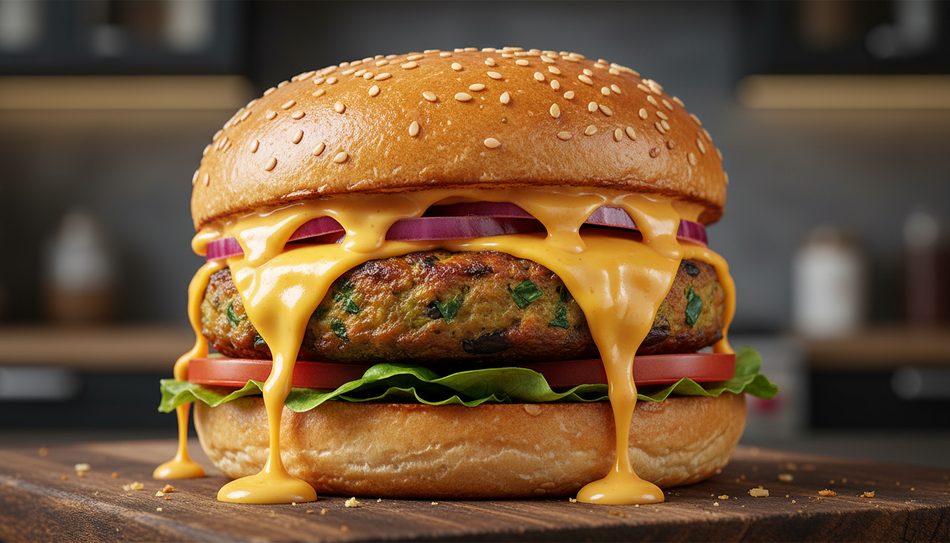 découvrez notre délicieux burger végétarien garni de fromage fondant et d'oignons marinés savoureux, une explosion de saveurs pour une expérience gourmande et saine.