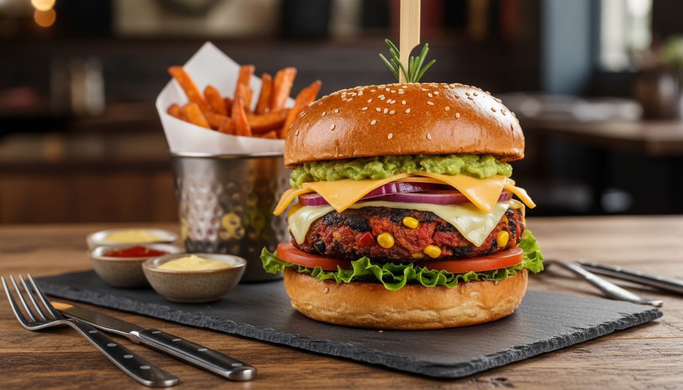 découvrez notre délicieux burger végétarien, garni de fromage fondant et d'oignons marinés savoureux, pour une expérience gourmande et saine.