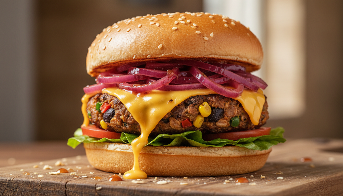 savourez un délicieux burger végétarien garni de fromage fondant et d'oignons marinés pour une explosion de saveurs authentiques et gourmandes.
