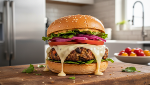 découvrez notre délicieux burger végétarien au fromage fondant, garni d'oignons marinés savoureux pour une explosion de saveurs à chaque bouchée.