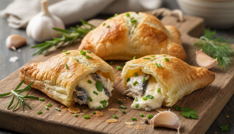 découvrez notre recette savoureuse de chaussons de sardines garnis de fromage frais parfumé à l'ail et aux fines herbes, pour un délicieux mélange de saveurs à chaque bouchée.
