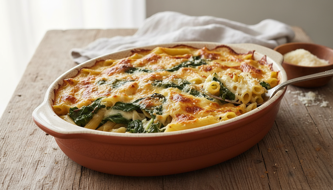 découvrez notre recette gourmande et saine de gratin de pâtes aux blettes, généreusement nappé d'une béchamel légère pour un plat savoureux et équilibré.