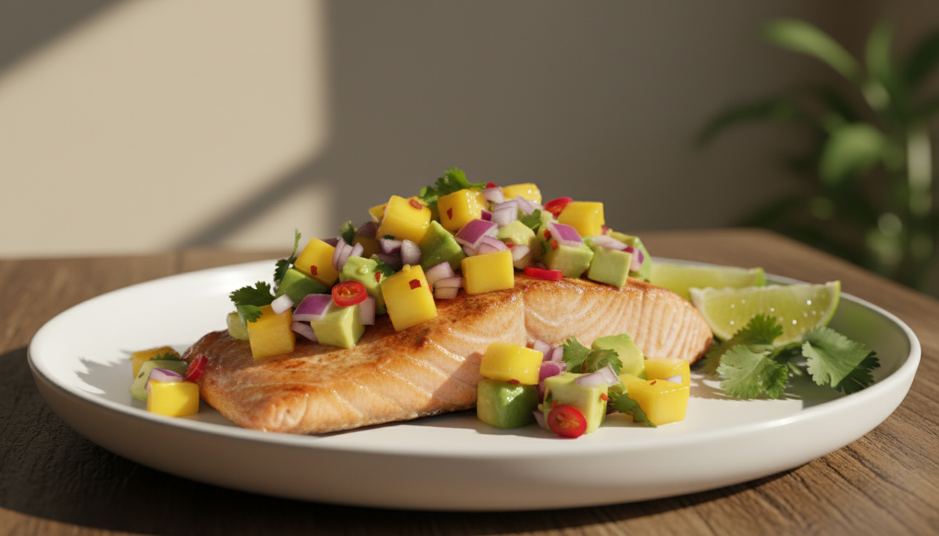 savourez un délicieux saumon grillé servi avec une fraîche salsa mangue-avocat, alliant gourmandise et fraîcheur pour un repas équilibré et coloré.