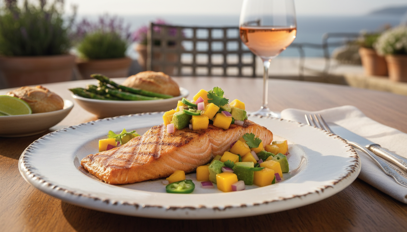 savourez un délicieux saumon grillé, parfaitement accompagné d'une salsa fraîche à la mangue et à l'avocat, pour un repas sain et gourmand.