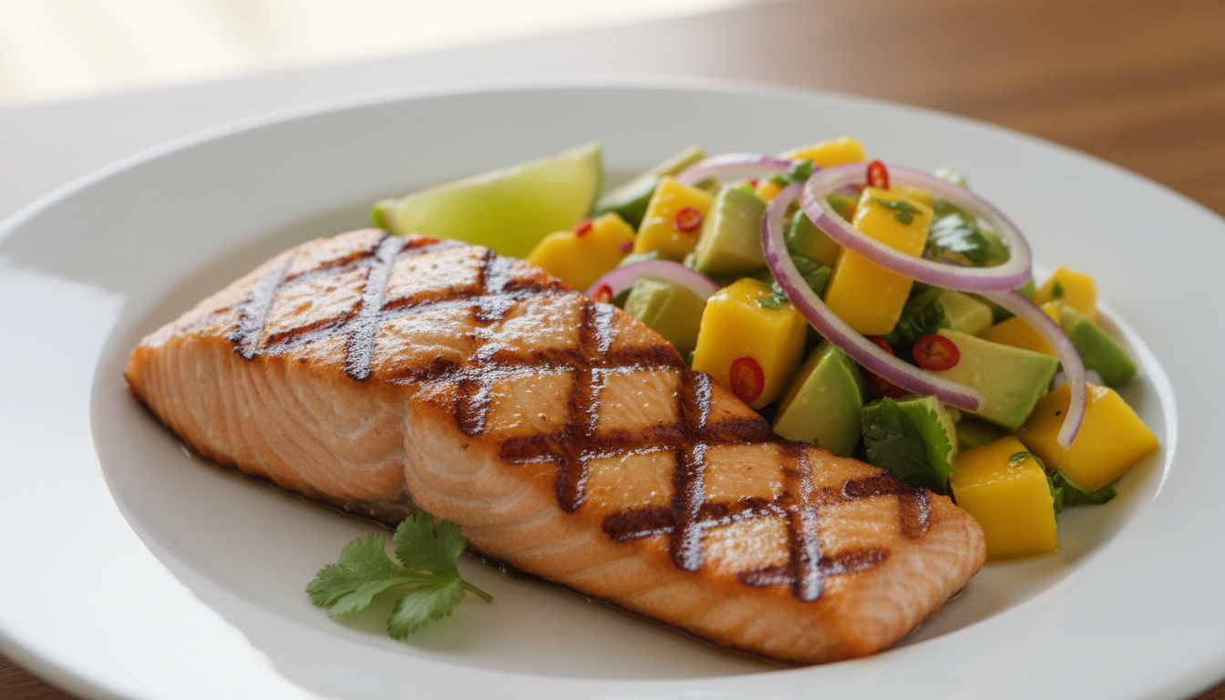 savourez un délicieux saumon grillé parfaitement accompagné d’une fraîche salsa mangue-avocat, pour un repas équilibré et plein de saveurs exotiques.