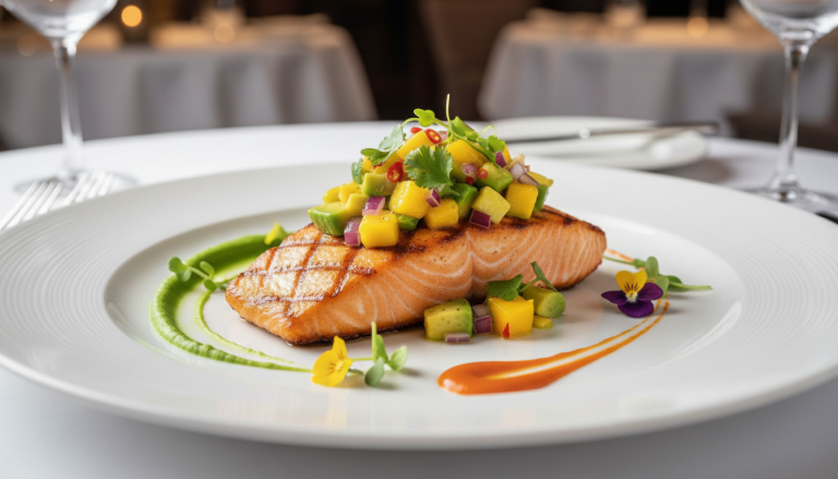 savourez un saumon grillé tendre et juteux, parfaitement accompagné d'une salsa fraîche mangue-avocat pour une explosion de saveurs exotique et légère.