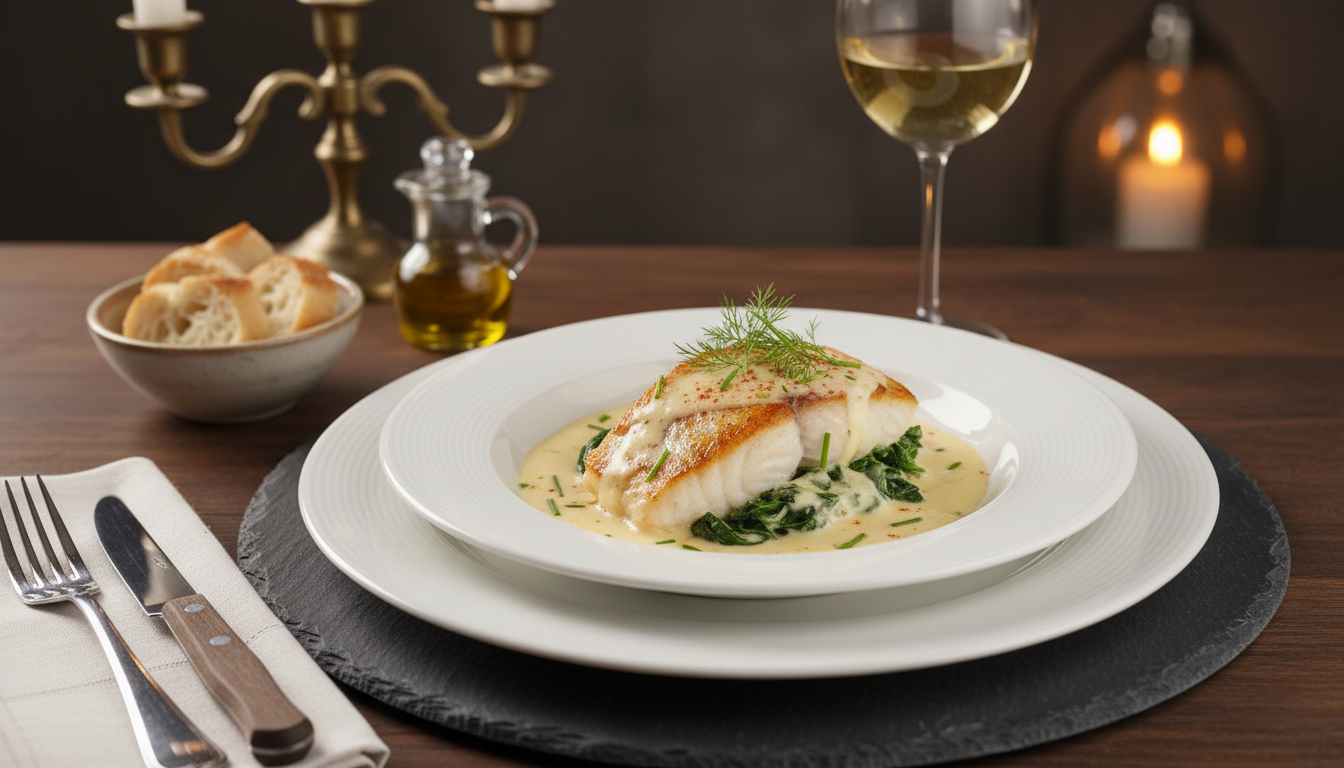 dégustez un filet de cabillaud rôti parfaitement doré, servi avec des épinards frais à l'ail et une onctueuse crème de fromage frais pour une expérience gourmande et équilibrée.