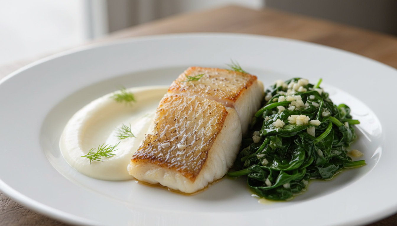 découvrez notre filet de cabillaud rôti servi avec des épinards à l'ail et une onctueuse crème de fromage frais, un plat savoureux et raffiné pour vos repas.