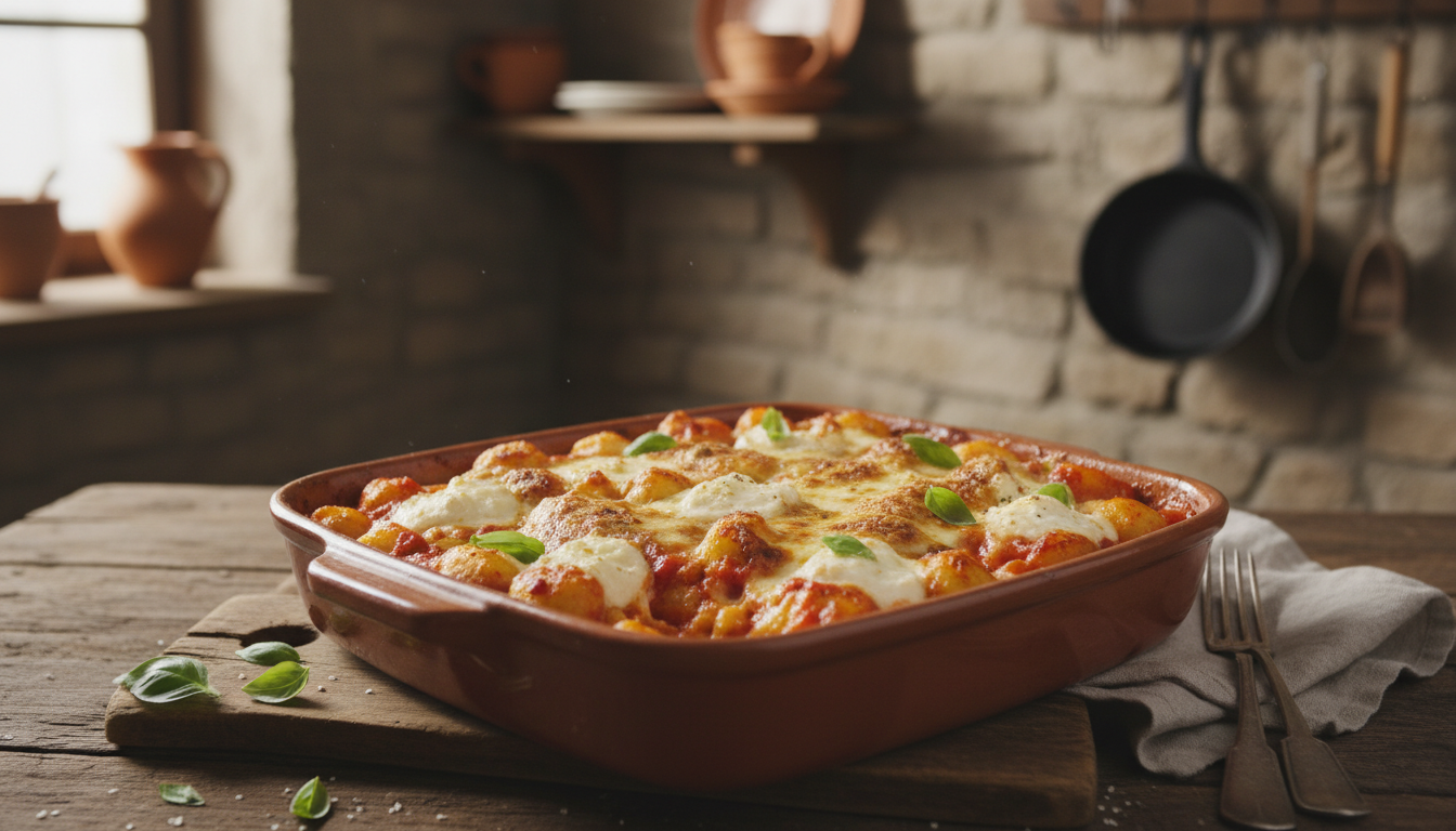 savourez des gnocchis gratinés à la tomate chaude, accompagnés de ricotta onctueuse et de mozzarella fondante pour une expérience authentique et gourmande au cœur de l'italie.
