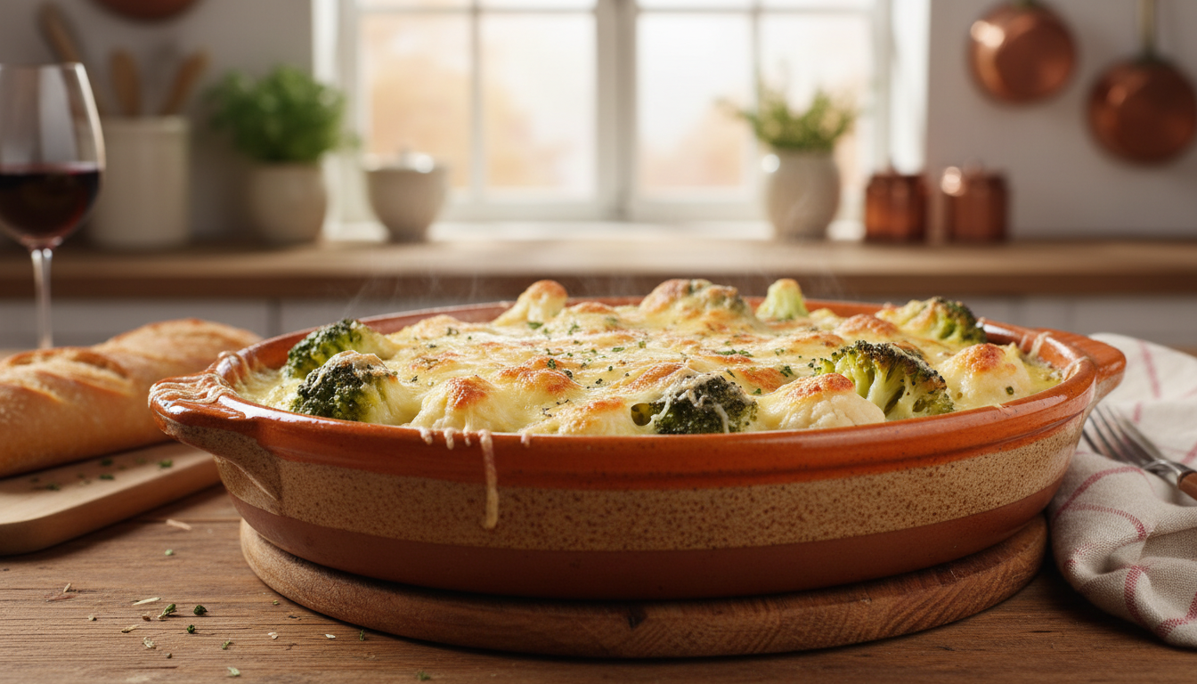 découvrez un gratin léger et savoureux alliant brocoli, chou-fleur et comté, le tout nappé d'une béchamel onctueuse pour un plat réconfortant et équilibré.