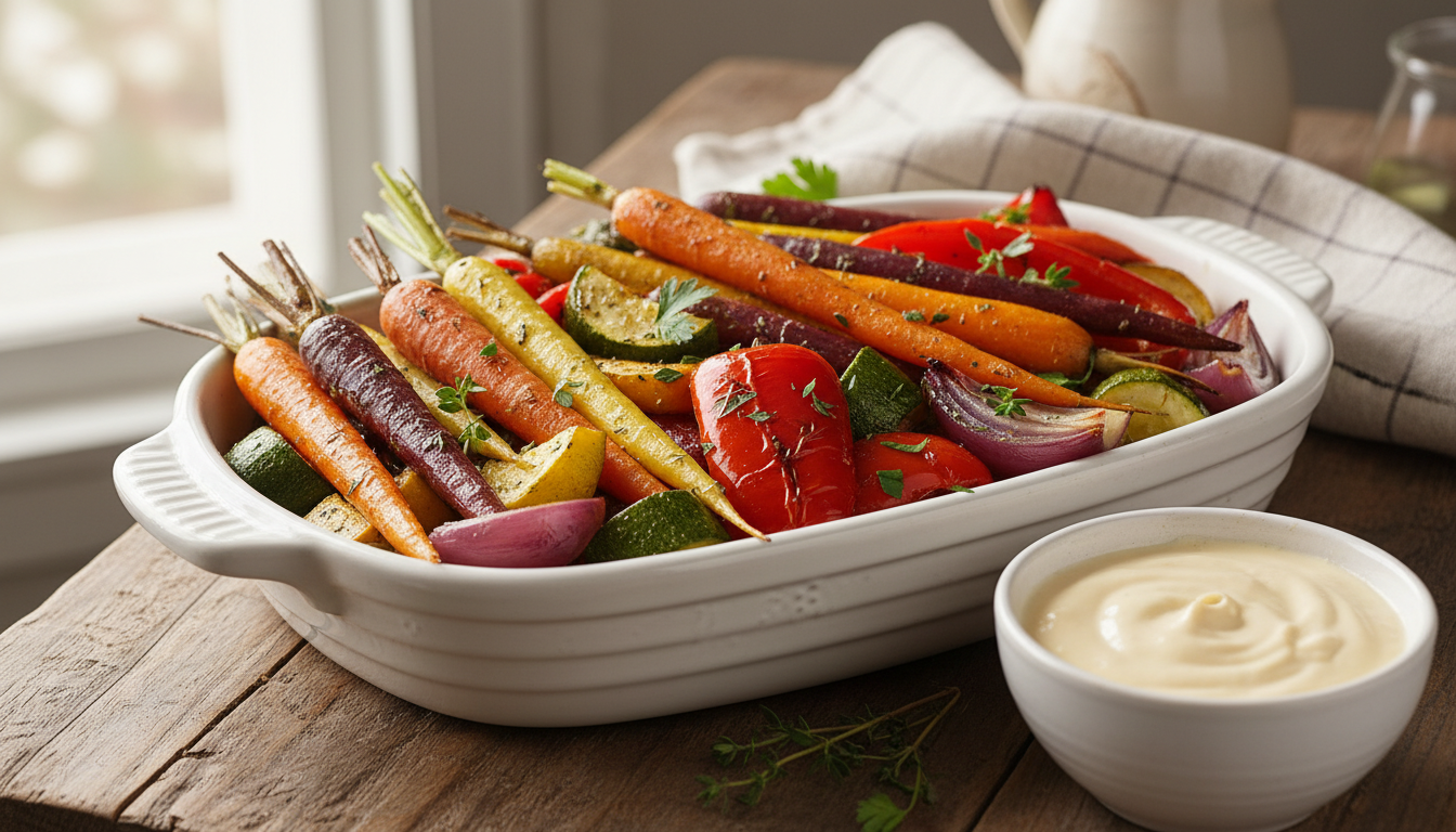découvrez une recette simple et savoureuse de légumes rôtis irrésistibles, accompagnés d'une délicieuse sauce onctueuse au fromage frais pour un repas gourmand et facile à préparer.