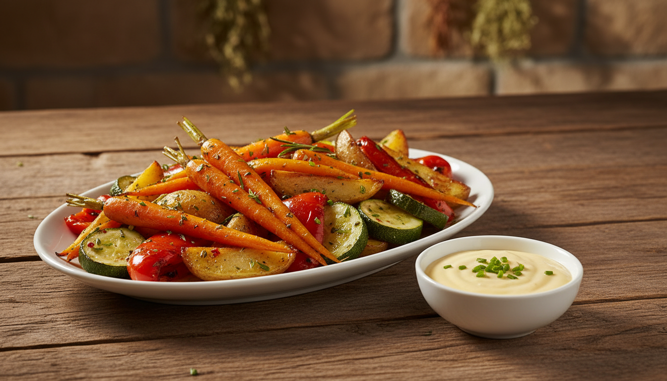 découvrez une recette simple et savoureuse de légumes rôtis irrésistibles, accompagnés d'une sauce onctueuse au fromage frais, parfaite pour un repas gourmand et facile à préparer.