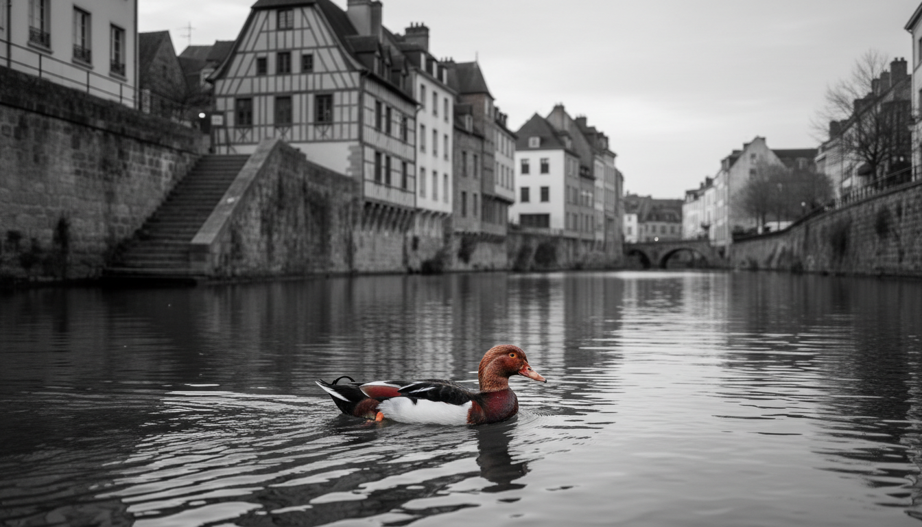 plongez dans l'univers fascinant de la vilaine à rennes avec la découverte d'un oiseau mystérieux aux couleurs noir, blanc et rouge, qui nage dans ses eaux intriguantes.