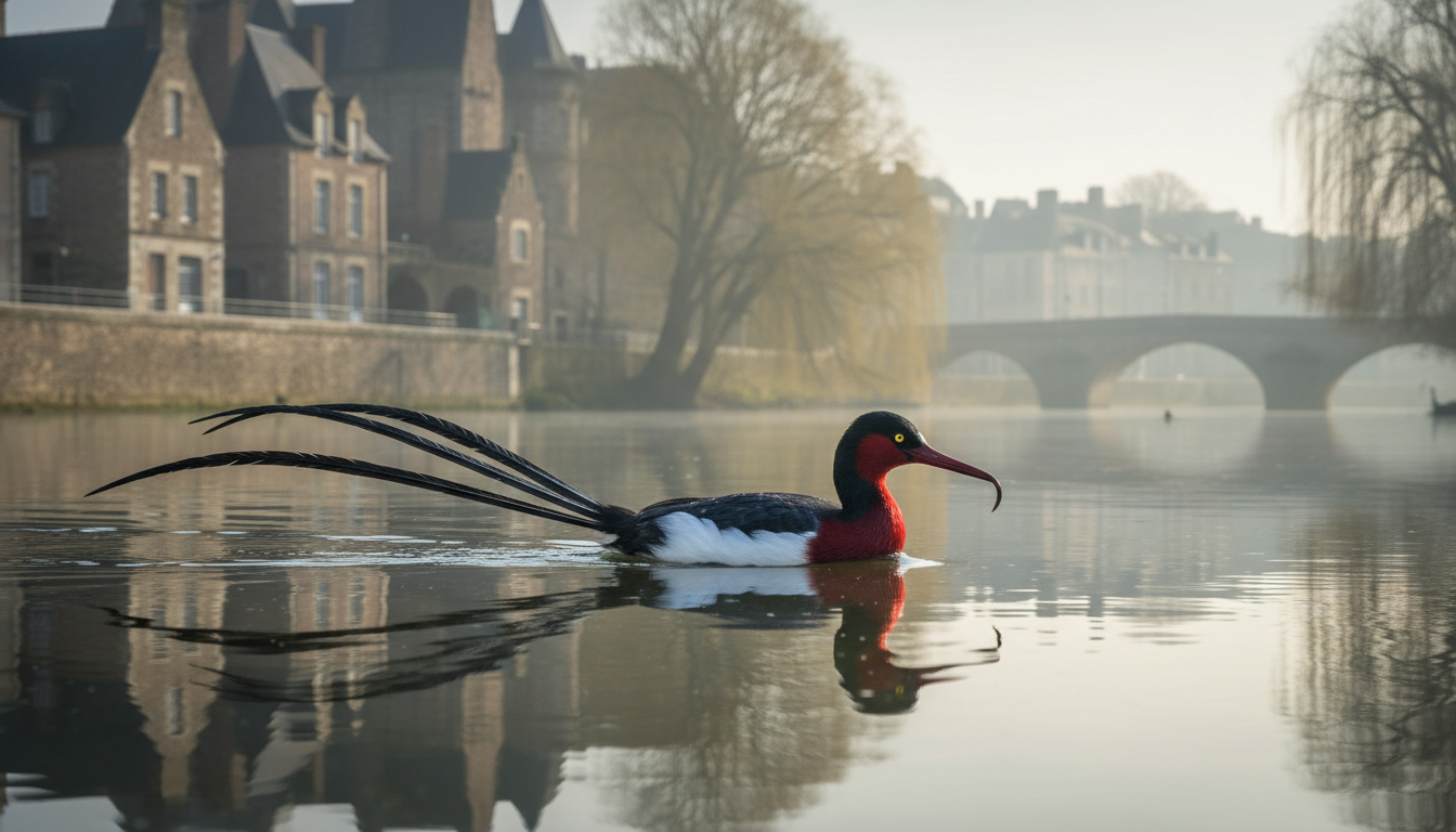 explorez l'étrange oiseau mystérieux aux couleurs noir, blanc et rouge qui nage dans la vilaine à rennes. découvrez son histoire fascinante et ses secrets.