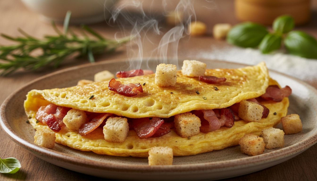 découvrez une omelette gourmande aux lardons et croûtons, qui transforme le pain rassis en une texture aérienne et savoureuse pour un repas délicieux et original.