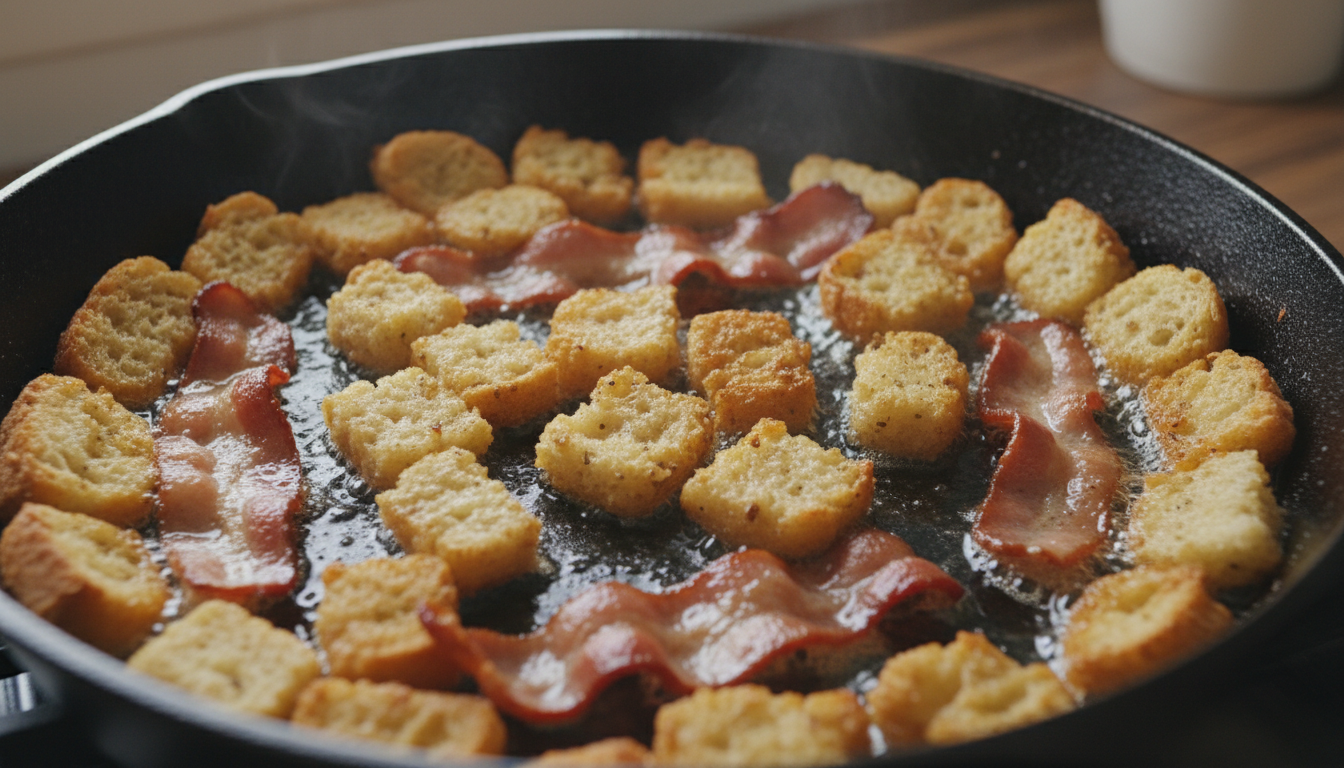 découvrez une omelette gourmande aux lardons et croûtons, une recette originale qui transforme le pain rassis en une texture aérienne et savoureuse pour un repas délicieux et réconfortant.